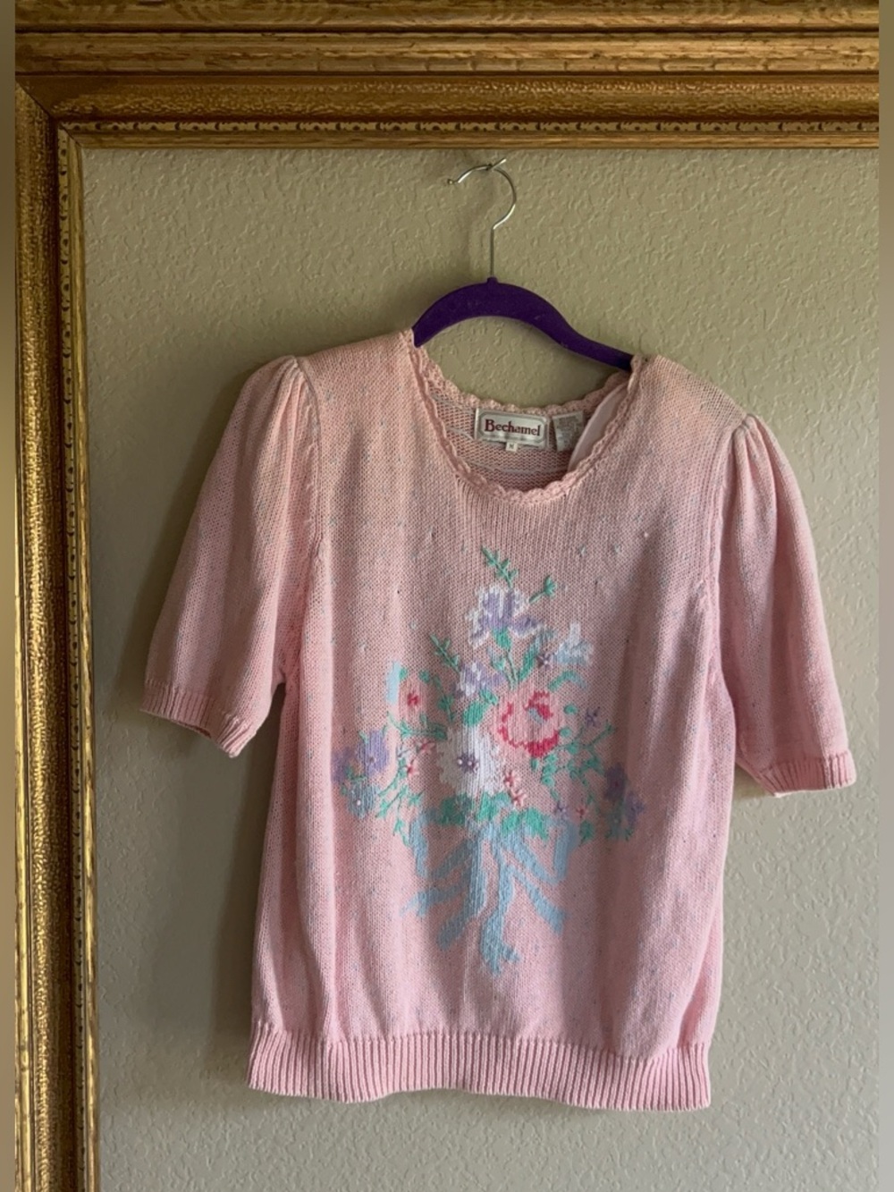 Bechamel cottage core Light Pink Knit Top with Pastel Floral Embroidery